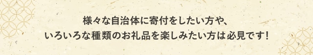 様々な自治体に寄付をしたい方や、いろいろな種類のお礼品を楽しみたい方は必見です！