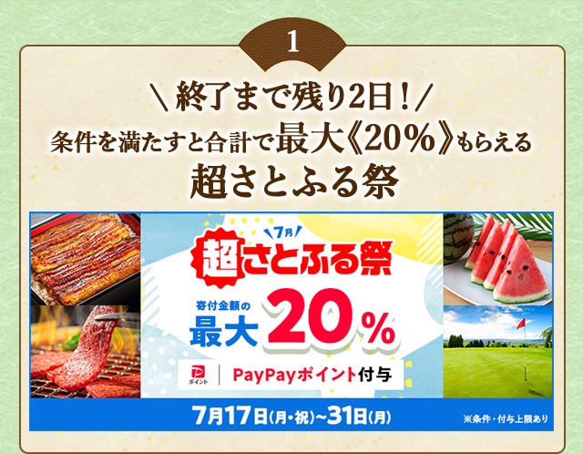 ★終了まで残り2日！★条件を満たすと合計で最大《20％》もらえる♪「2023年7月 超さとふる祭」を開催中！