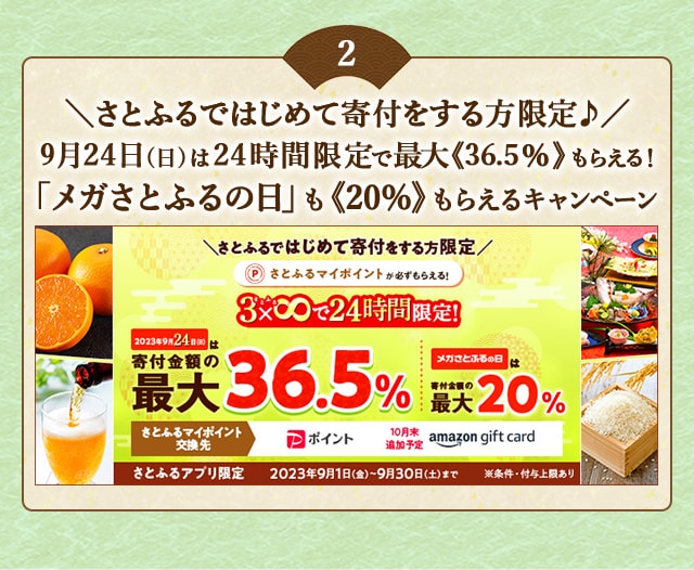 ＼さとふるではじめて寄付をする方限定♪／9月24日(日)24時間限定開催！合計で最大《36.5％》のさとふるマイポイントがもらえる「3×8で24時間限定キャンペーン」