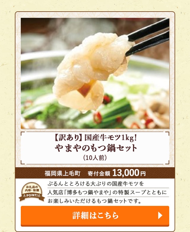 「【訳あり】国産牛モツ1kg！やまやのもつ鍋セット」(10人前)/福岡県上毛町