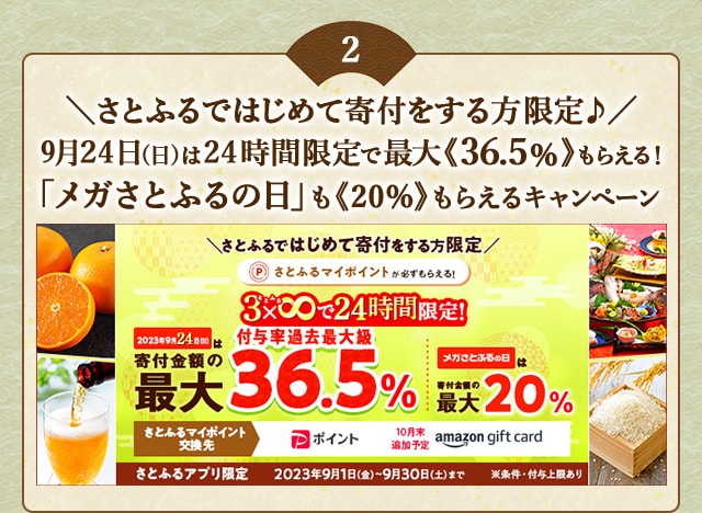＼さとふるではじめて寄付をする方限定♪／9月24日(日)24時間限定開催！合計で最大《36.5％》のさとふるマイポイントがもらえる「3×8で24時間限定キャンペーン」