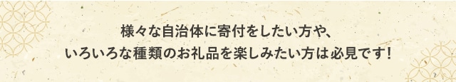 様々な自治体に寄付をしたい方や、いろいろな種類のお礼品を楽しみたい方は必見です！