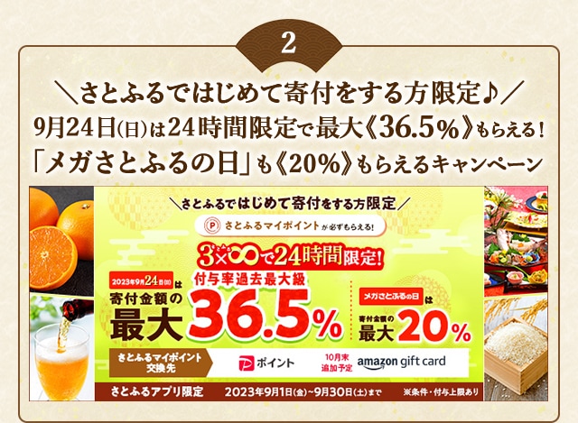 ＼さとふるではじめて寄付をする方限定♪／9月24日(日)24時間限定開催！合計で最大《36.5％》のさとふるマイポイントがもらえる「3×8で24時間限定キャンペーン」