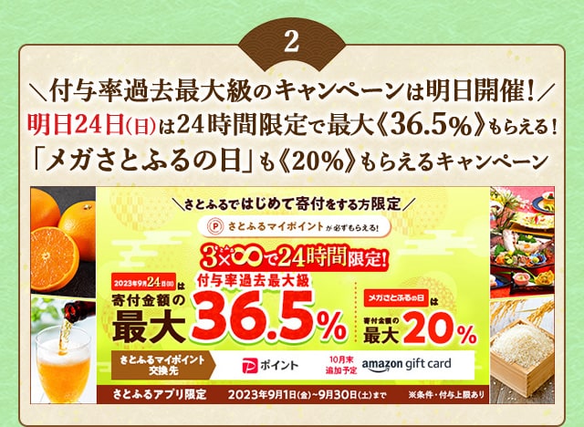 ＼さとふるではじめて寄付をする方限定♪／9月24日(日)24時間限定開催！合計で最大《36.5％》のさとふるマイポイントがもらえる「3×8で24時間限定キャンペーン」