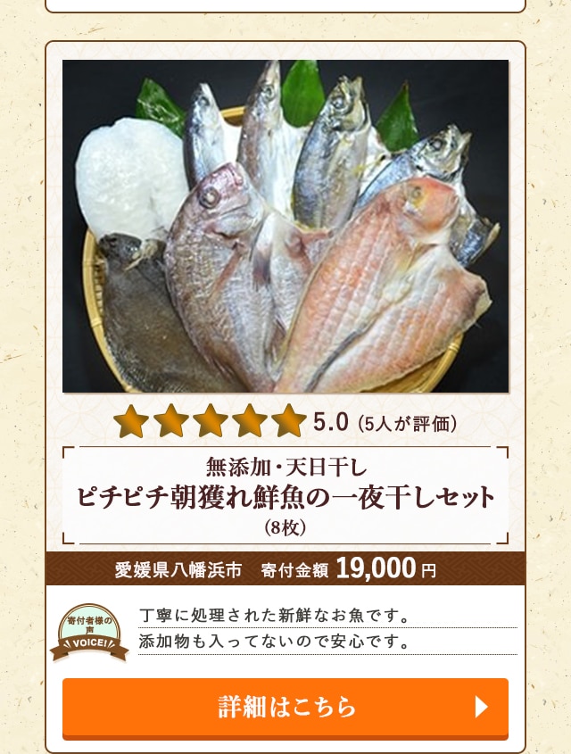 「無添加・天日干し ピチピチ朝獲れ鮮魚の一夜干しセット」(8枚)/愛媛県八幡浜市