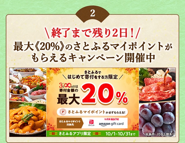＼こちらも終了まで残り2日！／「さとふるではじめて寄付をする方はこちらも注目♪さとふるの日」にさとふるアプリで寄付をすると、合計で最大《20％》のさとふるマイポイントがもらえるキャンペーン開催中