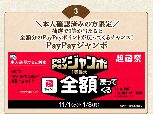 ＼こちらも開催中！本人確認済みの方限定／対象店舗でPayPayで支払いなら抽選で当たると1等最大《全額》戻ってくる！「PayPay本人確認ジャンボ」