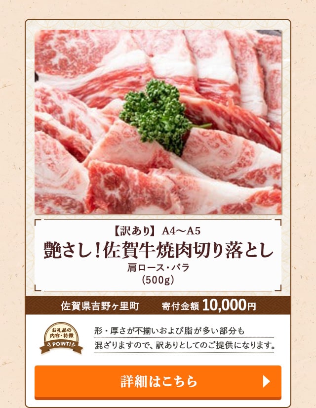 「【訳あり】A4～A5 艶さし！佐賀牛焼肉切り落とし(肩ロース・バラ)」(500g)/佐賀県吉野ヶ里町