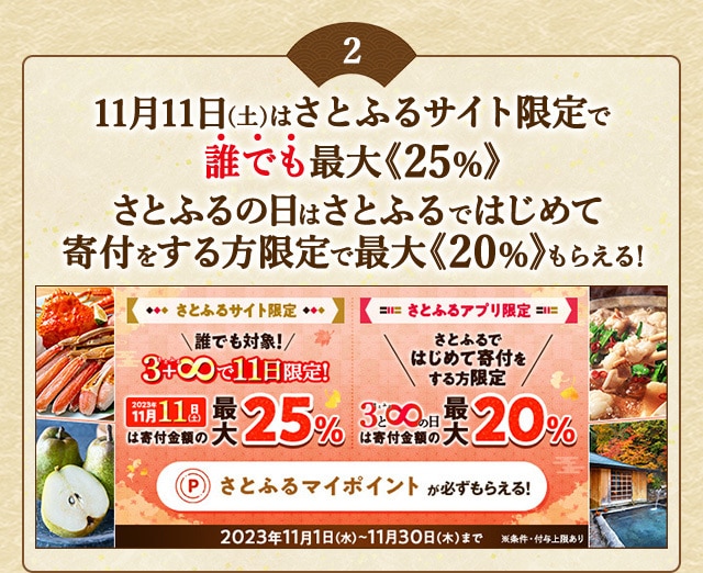 2023年11月 さとふるサイトで寄付金額の最大25％、さとふるアプリで寄付金額の最大20％のさとふるマイポイント付与！