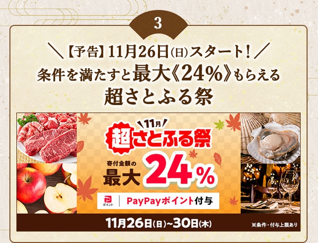 ＼【予告】11月26日(日)スタート！／条件を満たすと最大《24％》もらえる超さとふる祭