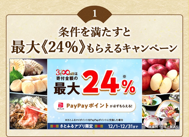 「メガさとふるの日」にさとふるアプリで寄付をすると、合計で最大《24％》のPayPayポイントがもらえるキャンペーン開催