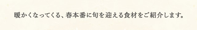 暖かくなってくる、春本番に旬を迎える食材をご紹介します。