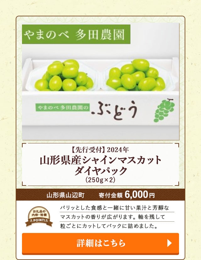 「【先行受付】2024年 山形県産シャインマスカット ダイヤパック」(250g×2)/山形県山辺町
