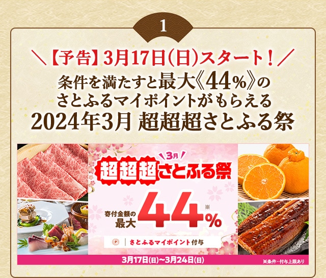 【予告】3月17日(日)スタート！条件を満たすと、合計で最大《44％》のさとふるマイポイントがもらえる「2024年3月 超超超さとふる祭」