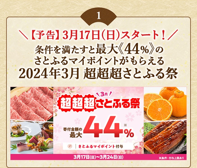 【予告】3月17日(日)スタート！条件を満たすと、合計で最大《44％》のさとふるマイポイントがもらえる「2024年3月 超超超さとふる祭」