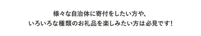 様々な自治体に寄付をしたい方や、いろいろな種類のお礼品を楽しみたい方は必見です！