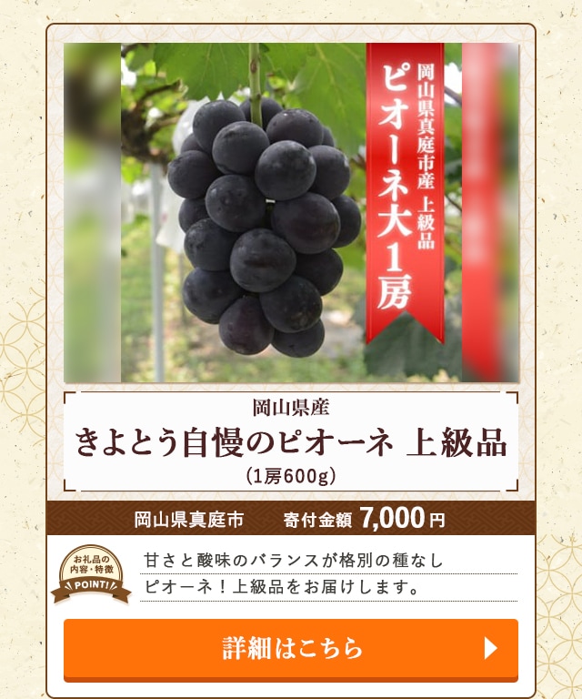 「岡山県産 きよとう自慢のピオーネ 上級品」(1房600g)/岡山県真庭市