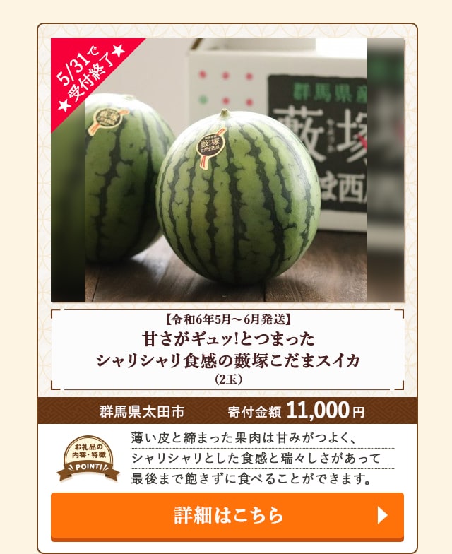 「【令和6年5月〜6月発送】甘さがギュッ!とつまったシャリシャリ食感の藪塚こだまスイカ」(2玉)/群馬県太田市