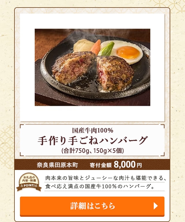 「国産牛肉100％ 手作り手ごねハンバーグ」(合計750g、150g×5個)/奈良県田原本町