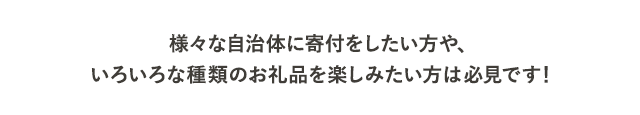 様々な自治体に寄付をしたい方や、いろいろな種類のお礼品を楽しみたい方は必見です！