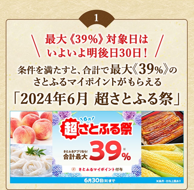 ＼いよいよ明日30日が最大《39％》対象日！／条件を満たすと、合計で最大《39％》のさとふるマイポイントがもらえる「2024年6月 超さとふる祭」