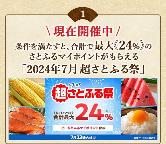 条件を満たすと、合計で最大《24％》のさとふるマイポイントがもらえる「2024年7月 超さとふる祭」