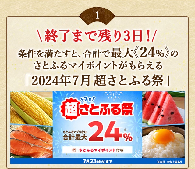 ＼終了まで残り3日！／条件を満たすと、合計で最大《24％》のさとふるマイポイントがもらえる「2024年7月 超さとふる祭」