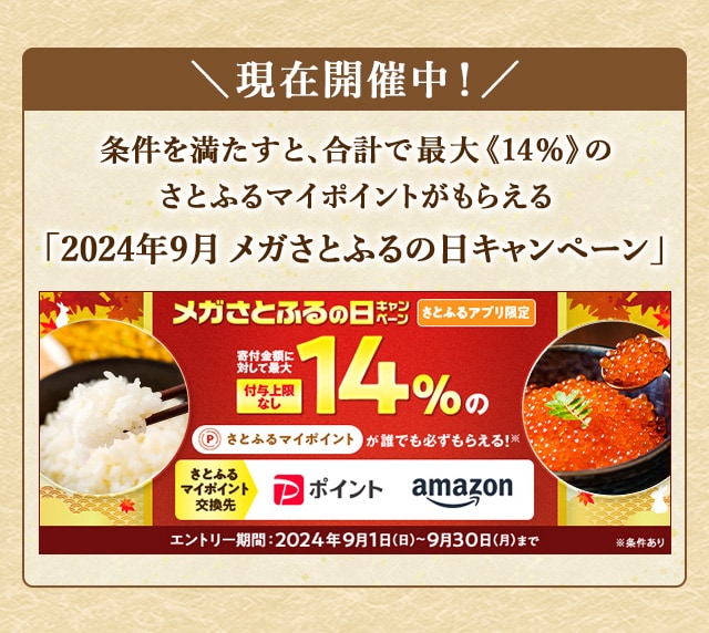 ＼最大《14％》(※1)のさとふるマイポイントが誰でも「付与上限なし」で「必ず」もらえる！／【さとふるアプリ限定】必ずもらえる！2024年9月 メガさとふるの日キャンペーン