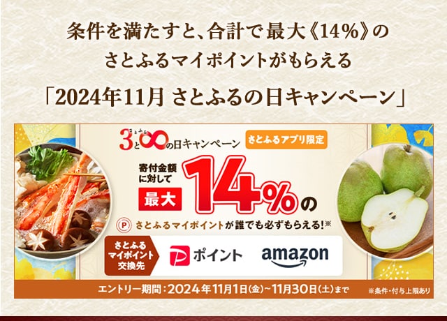 条件を満たすと、合計で最大《14％》さとふるマイポイントがもらえる「2024年11月 さとふるの日キャンペーン」