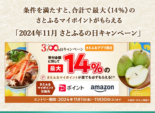 条件を満たすと、合計で最大《14％》さとふるマイポイントがもらえる「2024年11月 さとふるの日キャンペーン」