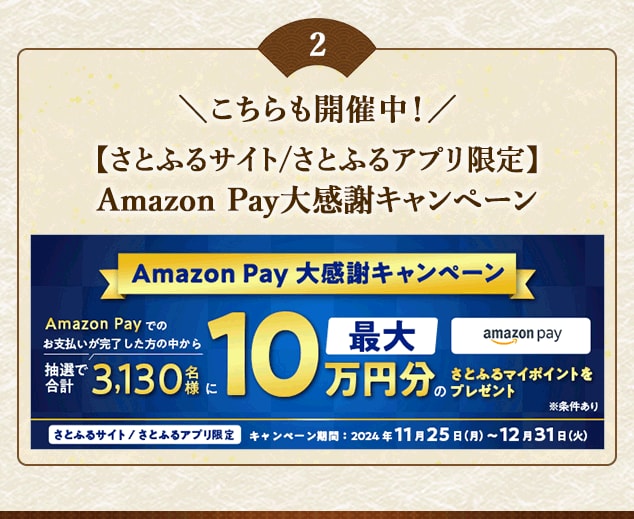 ＼こちらも開催中／抽選で最大10万円分のさとふるマイポイントが当たる「【さとふるサイト/さとふるアプリ限定】Amazon Pay大感謝キャンペーン」