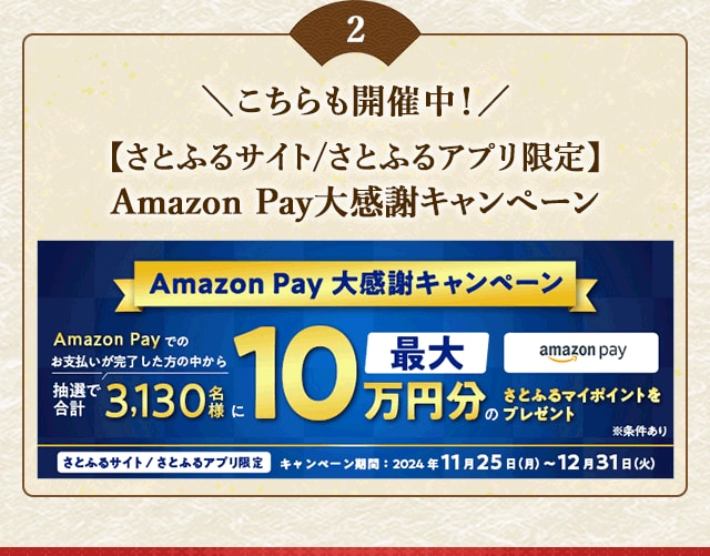 ＼こちらも開催中／抽選で最大10万円分のさとふるマイポイントが当たる「【さとふるサイト/さとふるアプリ限定】Amazon Pay大感謝キャンペーン」