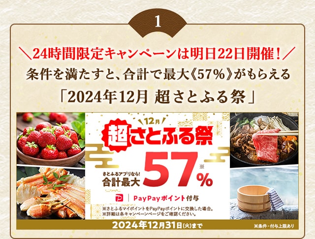 ＼24時間限定キャンペーンは明日22日開催！／合計で最大《57％》もらえる「2024年12月 超さとふる祭」