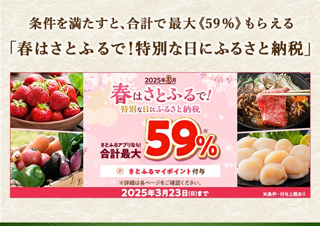 合計で最大《59％》(※1)もらえる「春はさとふるで！特別な日にふるさと納税」