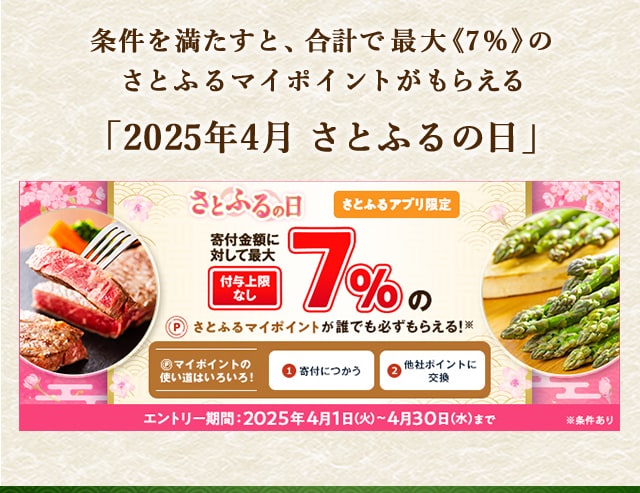 条件を満たすと、合計で最大《7％》(※1)のさとふるマイポイントが誰でも「必ず」もらえる「2025年4月 さとふるの日」