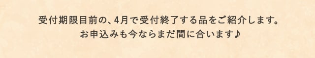 受付期限目前の、4月で受付終了する品をご紹介します。お申込みも今ならまだ間に合います♪