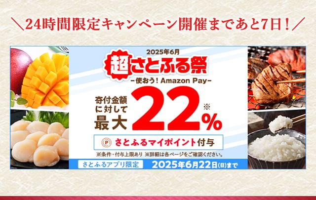 ＼24時間限定キャンペーン開催まであと7日！／条件を満たすと、合計で最大《22％》(※1)もらえる「2025年6月 超さとふる祭」