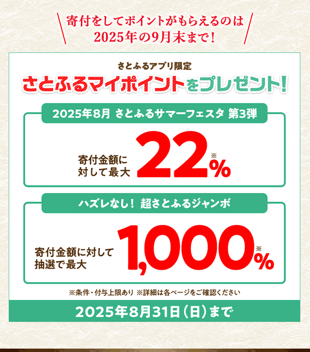 条件を満たすと、合計で最大《22％》もらえる「2025年8月 さとふるサマーフェスタ」