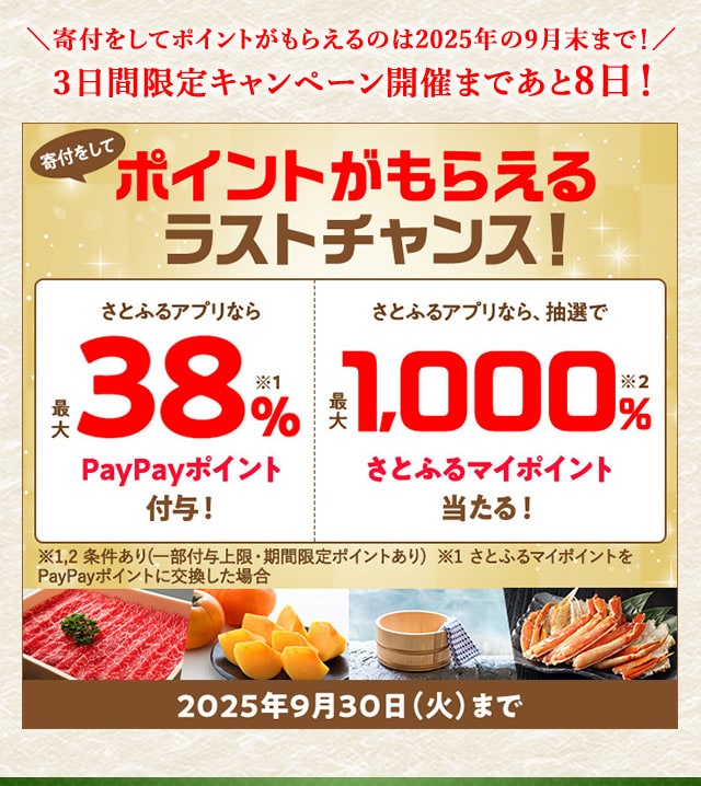 寄付をしてポイントがもらえるのは2025年の9月末まで！3日間限定キャンペーン開催まであと8日！