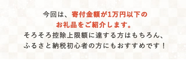 今回は、寄付金額が1万円以下のお礼品をご紹介します。そろそろ控除上限額に達する方はもちろん、ふるさと納税初心者の方にもおすすめです！