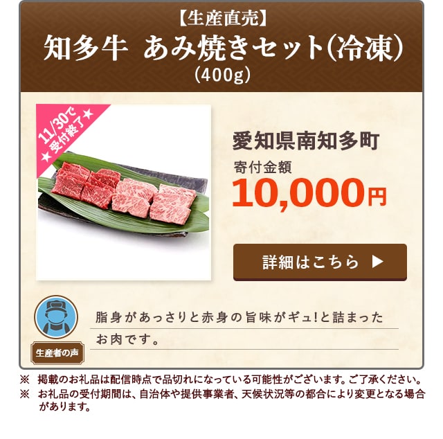 「【生産直売】知多牛 あみ焼きセット(冷凍)」(400g)/愛知県南知多町（寄付金額 10,000円）※ 掲載のお礼品は配信時点で品切れになっている可能性がございます。ご了承ください。※ お礼品の受付期間は、自治体や提供事業者、天候状況等の都合により変更となる場合があります。
