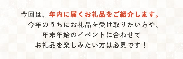 今回は、年内に届くお礼品をご紹介します。今年のうちにお礼品を受け取りたい方や、年末年始のイベントに合わせてお礼品を楽しみたい方は必見です！