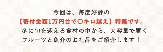 今回は、毎度好評の【寄付金額1万円台で〇キロ越え】特集です。冬に旬を迎える食材の中から、大容量で届くフルーツと魚介のお礼品をご紹介します！