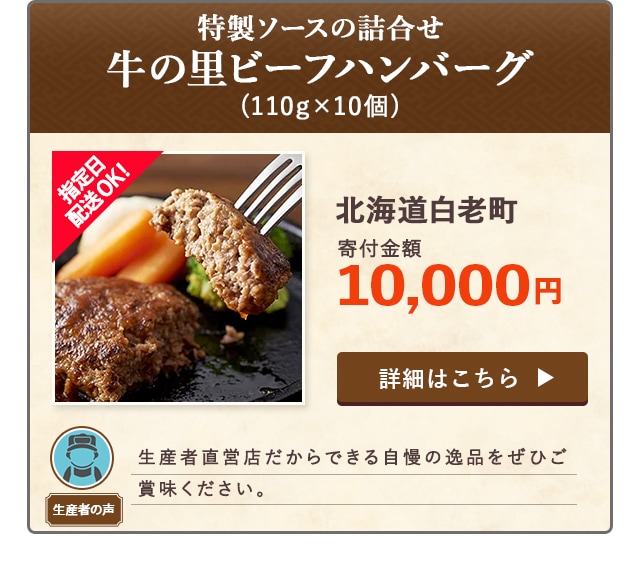 「牛の里ビーフハンバーグ 特製ソースの詰合せ」(110g×10個)/北海道白老町（寄付金額 10,000円）