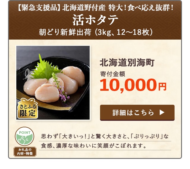 「【緊急支援品】活ホタテ 北海道野付産 特大！食べ応え抜群！＜朝どり新鮮出荷＞」(3kg、12～18枚)/北海道別海町（寄付金額 10,000円）
