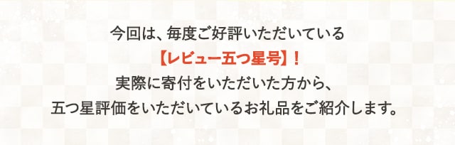 今回は、毎度ご好評いただいている【レビュー五つ星号】！実際に寄付をいただいた方から、五つ星評価をいただいているお礼品をご紹介します。