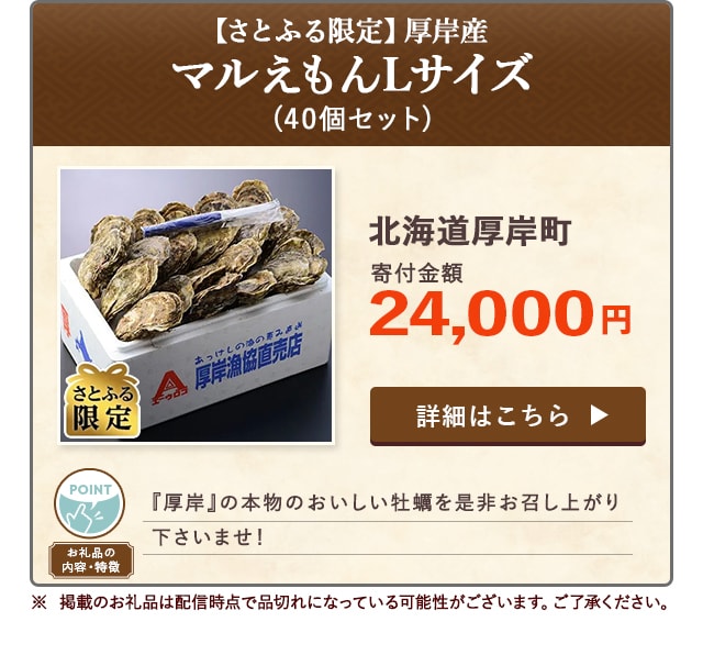 「【さとふる限定】厚岸産マルえもんLサイズ」(40個セット)/北海道厚岸町（寄付金額 24,000円）※ 掲載のお礼品は配信時点で品切れになっている可能性がございます。ご了承ください。