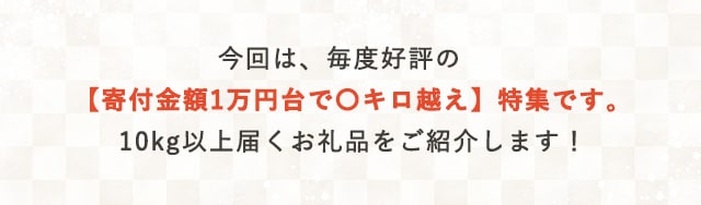 今回は、毎度好評の【寄付金額1万円台で〇キロ越え】特集です。10kg以上届くお礼品をご紹介します！