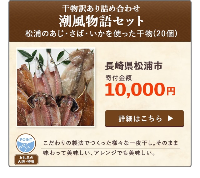 「干物訳あり詰め合わせ〜潮風物語セット 松浦のあじ・さば・いか・を使った干物〜」(20個)/長崎県松浦市（寄付金額 10,000円）