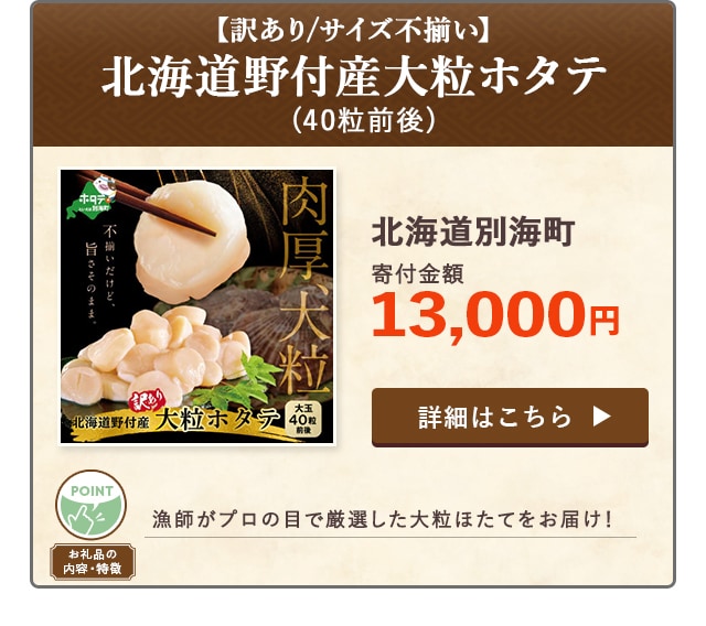 「【訳あり/サイズ不揃い】北海道野付産大粒ホタテ」(40粒前後)/北海道別海町（寄付金額 13,000円）